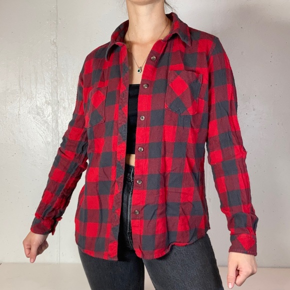 Natural Reflections Tops - Red + Gray Buffalo Check Plaid Long Sleeve Flannel Collared Shirt